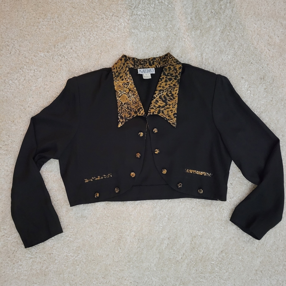 Retro 90s Menu black leopard collar blazer jacket size  14